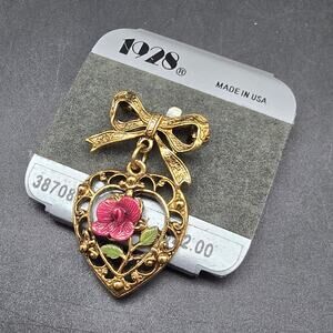 1928 Brand Heart Bow Brooch Gold Tone NOS Vintage Jewelry